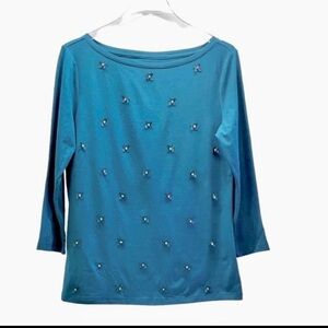 Lands’ End Size Small Stretch Top Appliqué Flowers Teal Green Cotton Rayon